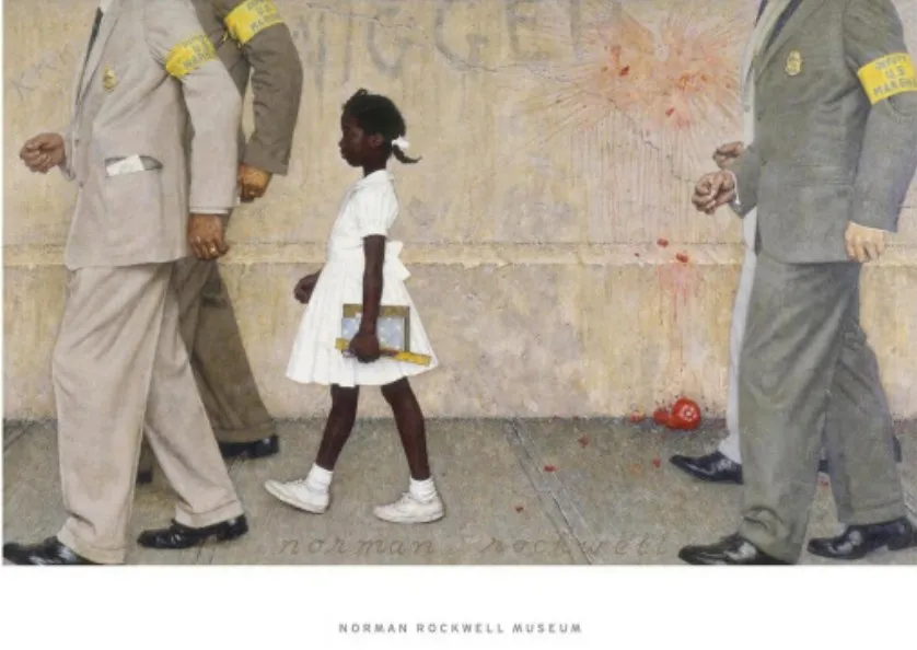 Painting of a young Black girl in a white dress walking past a wall, carrying a notebook and ruler, with two men in suits and yellow “Deputy U.S. Marshal” armbands ahead of her and two behind; the men’s heads are out of the frame. A racial slur is scrawled on the wall, and a thrown tomato has splattered against it and fallen to the pavement.