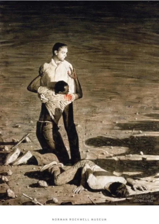 Painting in dark brown tones of a white man in a white shirt standing in a bare, harshly lit clearing and holding up a wounded Black man who has sunk to his knees against him. A third man lies face down on the ground in front of them, and the long shadows of unseen figures reach in from the right.