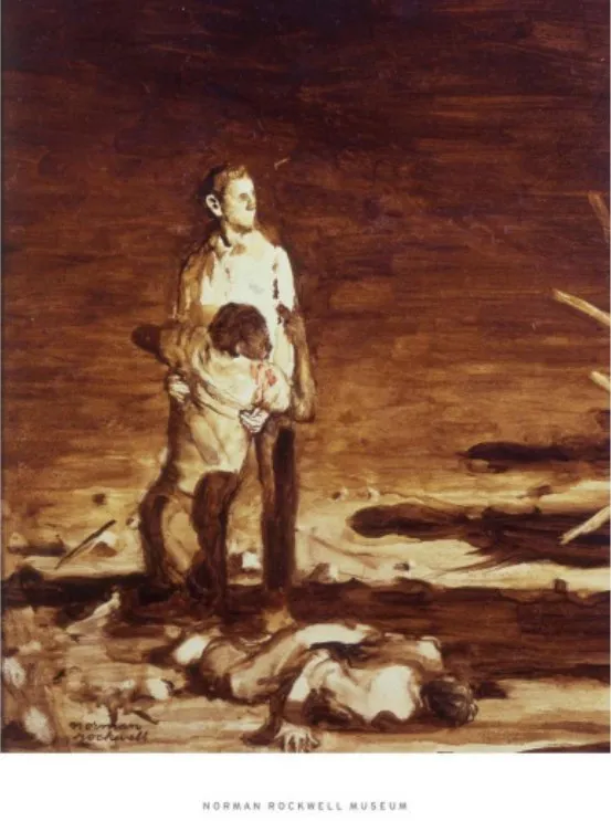 Loose oil sketch in brown and sepia of the same scene: a standing man in a light shirt supports a man collapsing against him, a third figure lies on the ground before them, and shadows fall across the ground from the right.