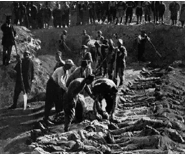 Black-and-white photograph of men digging and standing along a long trench in which rows of bodies are laid out. A line of onlookers stands along the top of the frame.