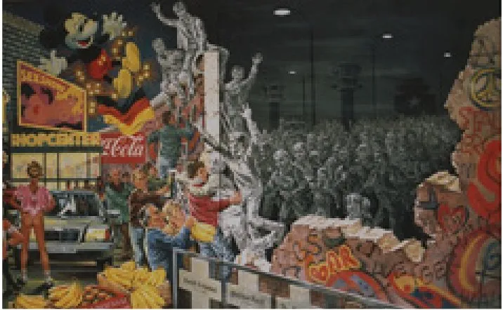Painting of the opening of the Berlin Wall. On the left is a brightly lit Western street with a shopping-centre sign, a Coca-Cola advertisement, a Mickey Mouse figure, a car and heaps of bananas; people climb over a broken wall covered in graffiti, and on the right a grey mass of figures stands in darkness beneath watchtowers.
