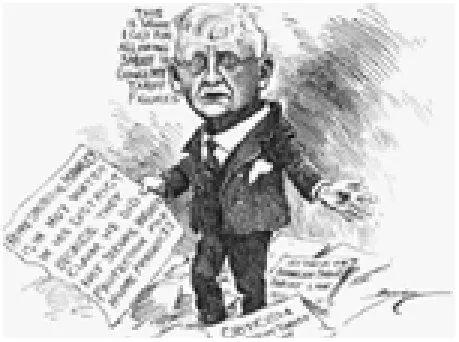Newspaper cartoon of an elderly man in a suit, sweating and looking anxious, surrounded by sheets of paper covered with writing.