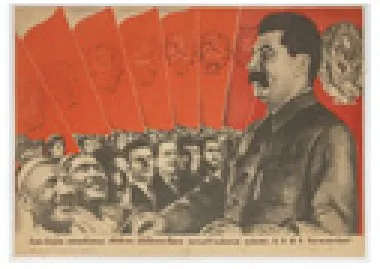 Soviet poster in red and sepia. Stalin stands in profile at the right above a crowd of smiling people of many nationalities, with red banners behind them and a line of Russian text along the bottom.