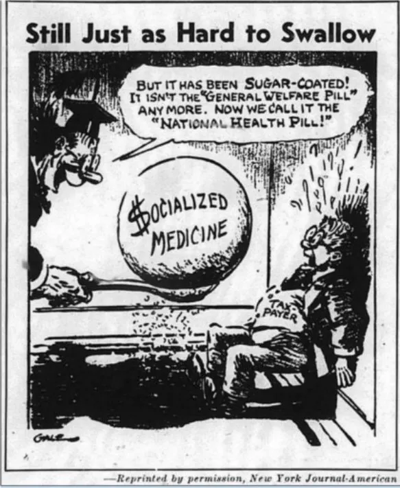 Newspaper cartoon titled “Still Just as Hard to Swallow.” A figure in a mortarboard holds out a huge pill labelled “Socialized Medicine” on a spoon to an alarmed man labelled “Tax Payer” and says: “But it has been sugar-coated! It isn’t the ‘General Welfare Pill’ anymore. Now we call it the ‘National Health Pill!’” A line below reads “Reprinted by permission, New York Journal-American.”